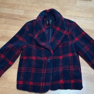 Sanctuary Red Navy Blue Warm Fluffy Plaid Teddy Jacket L
